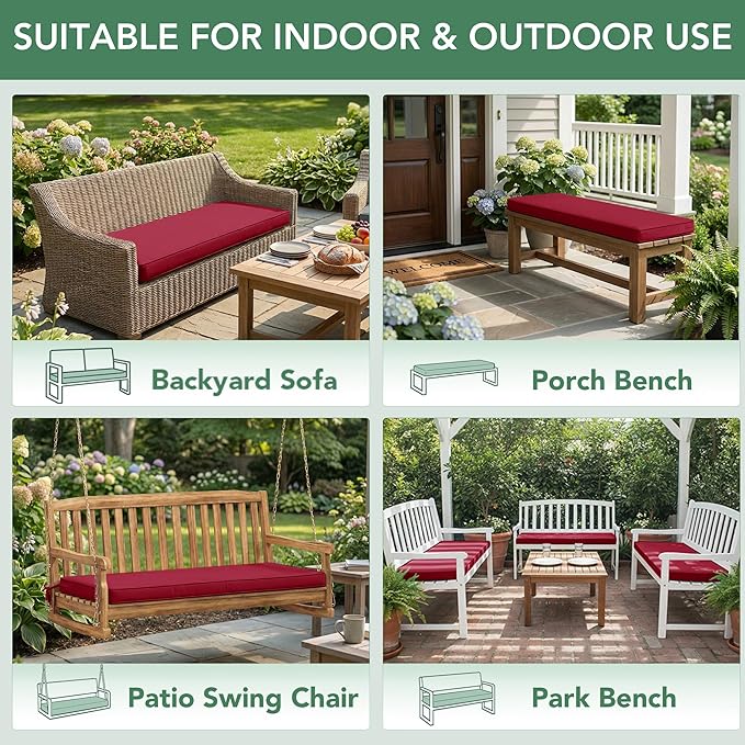 Summsun Outdoor Bench Cushion: Waterproof and Fade Resistant Patio Furniture Cushions - Non-Slip Bench Pad Cushion with Removable Cover for Garden Swing Porch Sofa Settee, 59 x 18 Inch, Burgundy