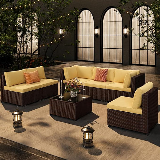 Ahomly 7-Piece Patio Furniture Set, Outdoor Sectional Couch with Water-Resistant Cushions & Coffee Table, PE Rattan Outdoor Patio Sofa Set for Backyard, Deck, Garden, or Porch, Beige
