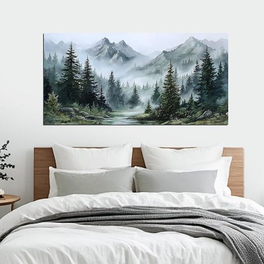 Tarfupth Large Misty Forest Wall Art for Living Room Green Nature Mountain Landscape Canvas Artwork with Trees and River Nature Art for Bedroom Office Home Decor 24x48 Inch