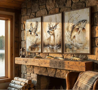 3Pcs Rustic Outdoor Wildlife Canvas Wall Art,Watercolor Deer Duck And Fish Posters Prints,Vintage Farmhouse Hunting Wall Decor Pictures,for Living Room Bathroom Kitche Home Decoration
