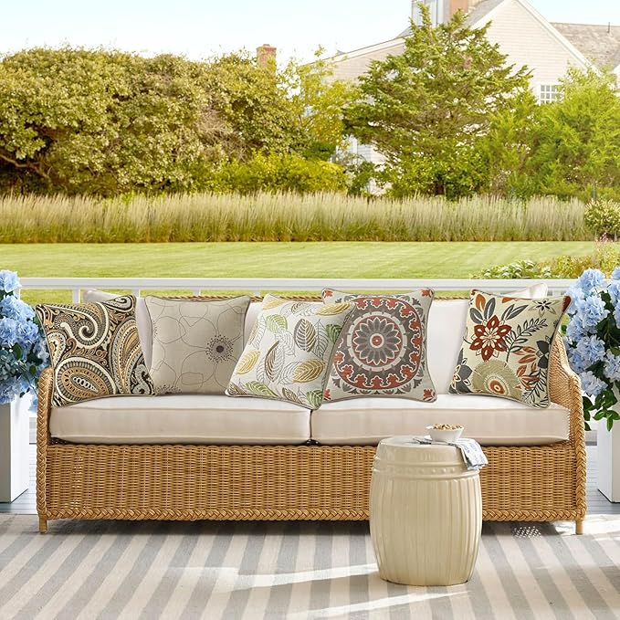 Outdoor Sunbrella Decorative Pillows Pack of 4, 16" x 16" Outdoor Pillow Set for Couch Bed Throw Patio Sofa, Momento Spring