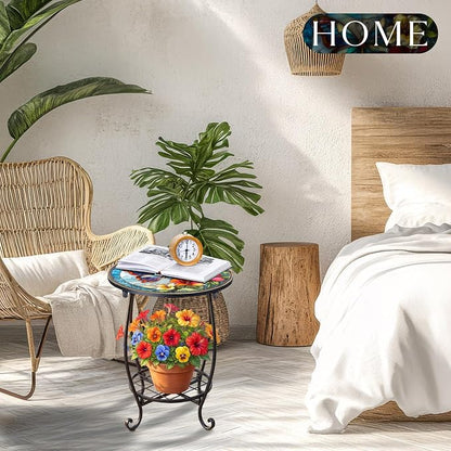 Cinnvoice Outdoor Side Table Round Small Mosaic Patio Accent Indoor End Plant Coffee Tea Table for Yard Patio Porch Garden Living Room, Bedroom(Butterfly C Style,14 Inch)