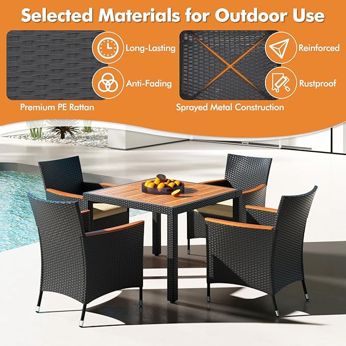 Tangkula 5 Pieces Patio Dining Table Set for 4, Rattan Conversation Set with Umbrella Hole, Seat Cushions & Acacia Wood Tabletop, Outdoor Dining Table with 4 Chairs for Backyard, Poolside & Deck