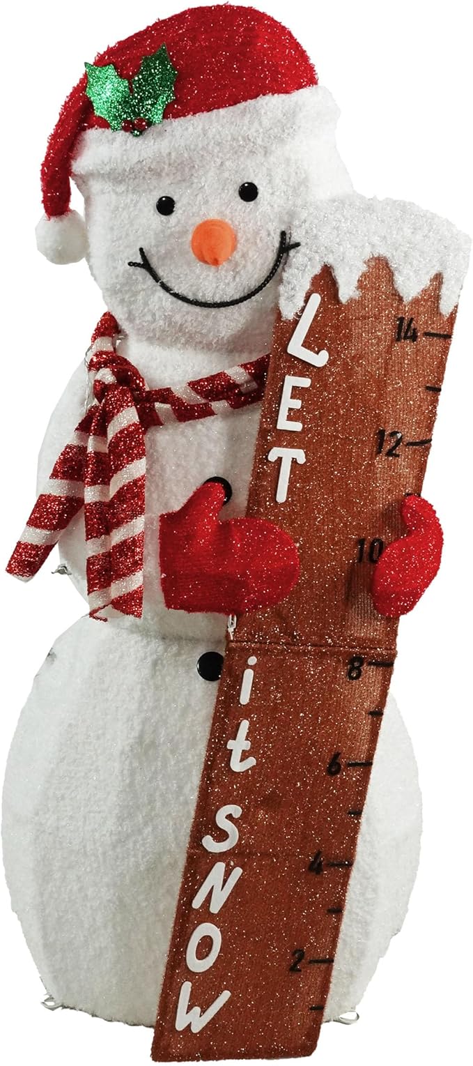 Alpine Corporation 43" H Let It Snow White Fabric Snowman with LED Lights, Indoor and Outdoor Christmas Decor