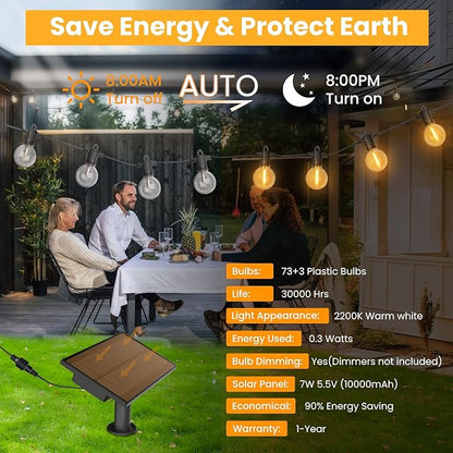 ZOTOYI Solar String Lights Outdoor Waterproof IP65 150FT with USB Port and 73+3 Shatterproof G40 Bulbs, Up to 8-12 Hours for Using, LED Solar Powered Patio Lights for Outside, Patio, Porch, 2200K