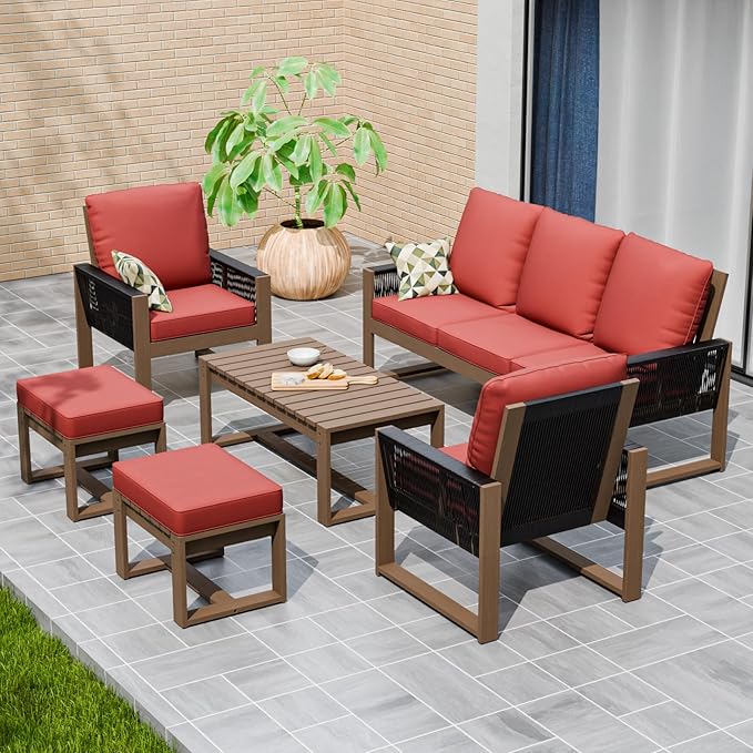 Rustic Hideaway Natural Cedar Wood Outdoor Furniture Set, Wicker Patio Conversation Set for Porch Garden Backyard, Couch, 2 Patio Chairs, Coffee Table and 2 Ottomans, 6 Piece, Brownish/Red