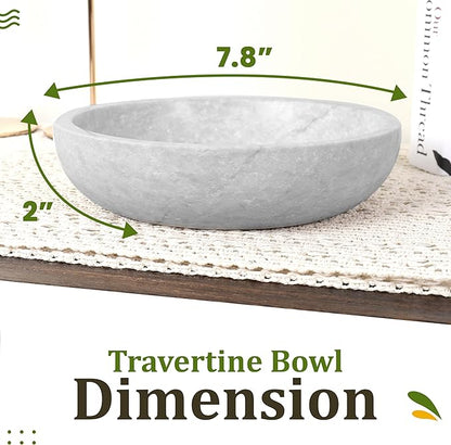 FNTSTICGOODS Travertine Decorative Bowl - 7.8” Diameter & 2” Height - Key Bowl for Entryway Table - Organic Modern Centerpiece - White/Gray