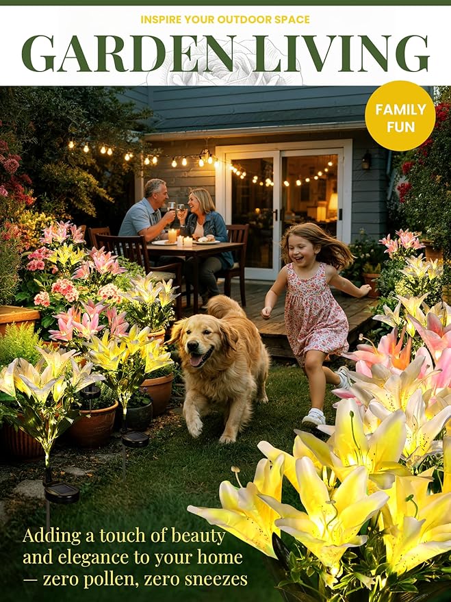 GIGALUMI Solar Garden Lights, 4Pack LED Lily Garden Decor Carefree Solar Flowers Outdoor Waterproof, Yard Decorations Outdoor, Allergy-Free Light up Flowers for Yard Patio (2Pink,1White,1Yellow)