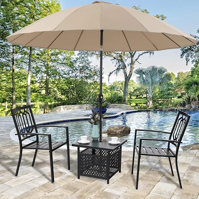 PHI VILLA 3 Piece Outdoor Bistro Set for 2, 22" Wrought Iron Square Table with Umbrella Hole & Stacking Metal Chairs, Small Furniture Conversation Set for Porch, Deck, Balcony, Patio, Yard - Black