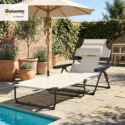 Outsunny Tanning Chaise Lounge Chair, 4-Position Beach Chair with Face & Arm Holes, Pillow headrest, Adjustable Sunbathing Chair, Cream White