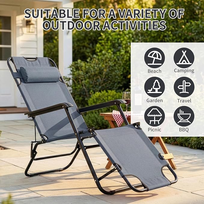 Outvita Folding Chaise Lounge Chair, Outdoor Adjustable Recliner Chair with Pillow for Camping, Beach, Poolside, Garden, Backyard, Lawn