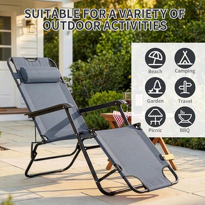 Outvita Folding Chaise Lounge Chair, Outdoor Adjustable Recliner Chair with Pillow for Camping, Beach, Poolside, Garden, Backyard, Lawn
