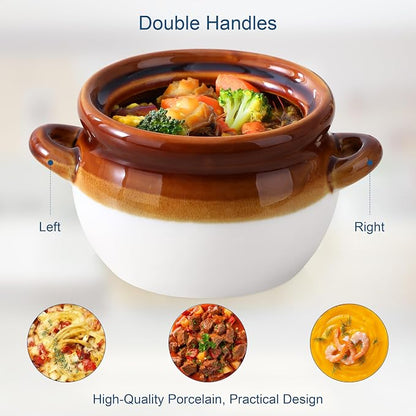 LOVECASA 22 OZ French Onion Soup Bowls with Lid, Porcelain Soup Crocks with Handles,Oven Safe Serving Bowls for Soup, Beef Stew, Cereal, Pot Pies, lasagna,Chilli,Set of 4