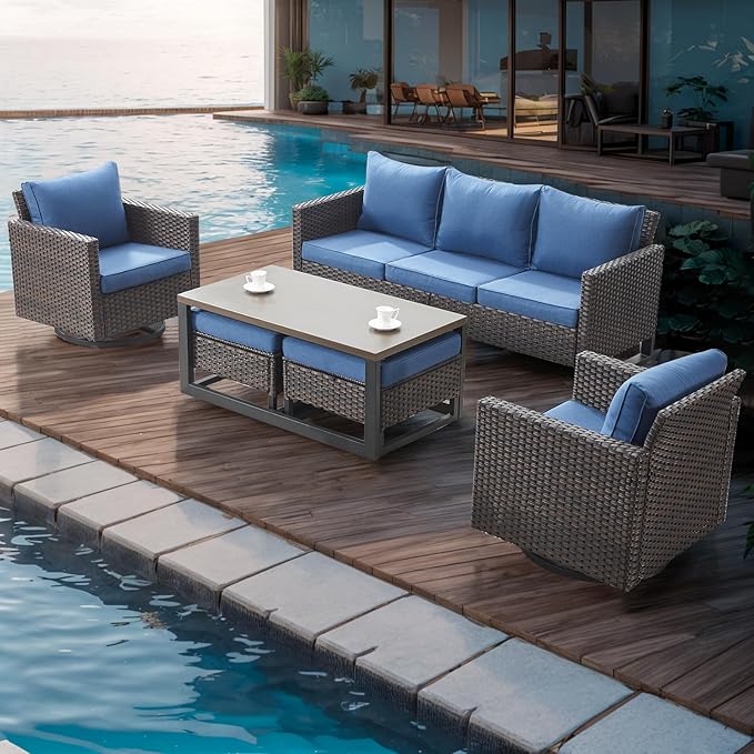 Rilyson Wicker Outdoor Patio Furniture Set - 6 Piece Patio Conversation Set with 2 Swivel Rocker Chairs,2 Rattan Ottoman,1 Couch and 1 Metal Coffee Table for Outside Porch Deck Backyard(Brown/Blue)