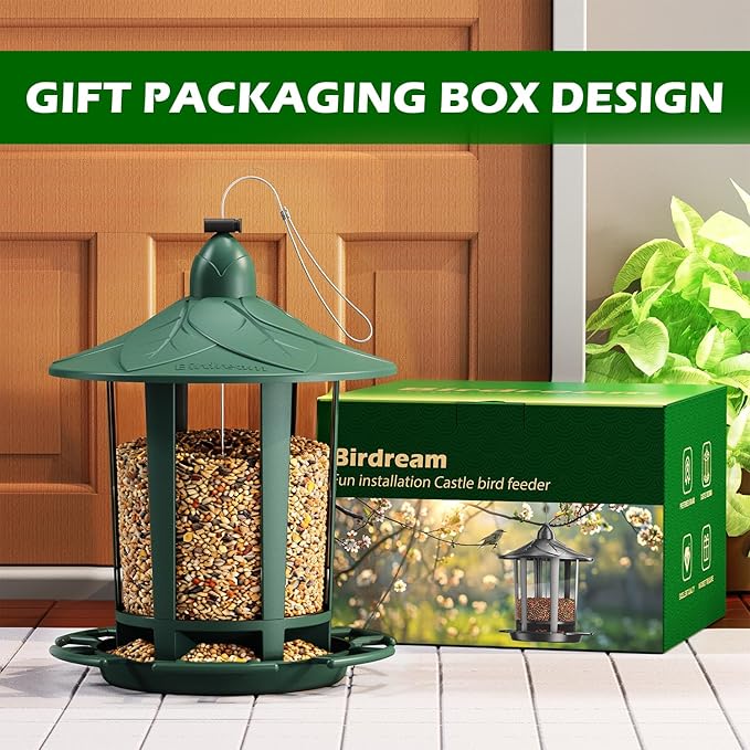 Birdream 2 Pack Bird Feeders for Outdoor Hanging, Assembly Required, 1-Min Easy Setup, Charming Castle Design, Attracting Cardinals Chickadees Goldfinches & Sparrows - Green