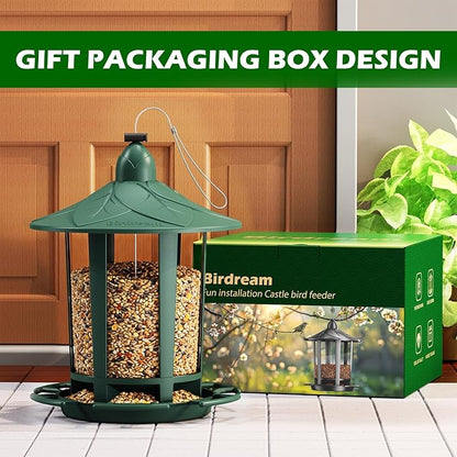 Birdream 2 Pack Bird Feeders for Outdoor Hanging, Assembly Required, 1-Min Easy Setup, Charming Castle Design, Attracting Cardinals Chickadees Goldfinches & Sparrows - Green