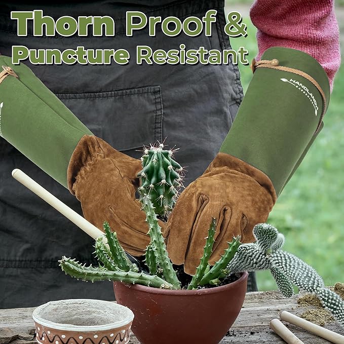 HANDLANDY Long Gardening Gloves for Men & Women, Pigskin Leather Rose Pruning Gloves, Breathable Thorn Proof Gauntlet Glove (Moss Green, S)
