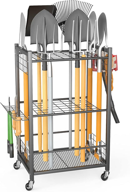 Ultrawall Garden Tool Organizer with Wheels, Yard Tool Storage Stand for Garage, Shed Tool Storage for Rake, Brooms, Tools Rolling Cart Indoor & Outdoor Use