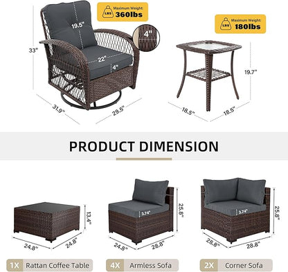 UPHA 10 Pieces Patio Furniture Sets Outdoor Sectional Sofa Wicker Conversation Couch with Bistro Swivel Chair for Decks, Backyards, Gardens, Brown Rattan, Dark Gray Cushion