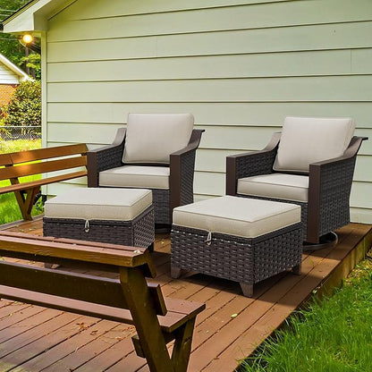 Patio Metal Swivel Chairs with Ottomans Set of 2, Conversation Furniture Set - 360 Degree Glider Rocker Chairs | 2 Wicker Ottomans, Washable Cushions (Beige and Brown Stripe)