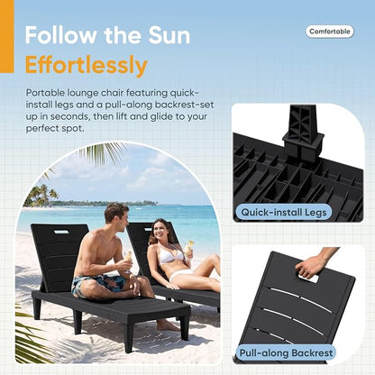 Greesum Outdoor Chaise Lounge Chairs, Set of 4 with 5-Position Adjustable Backrest, Waterproof PP Sun Chaise Loungers for Pool, Beach, Patio, Deck and Sunbathing, Black