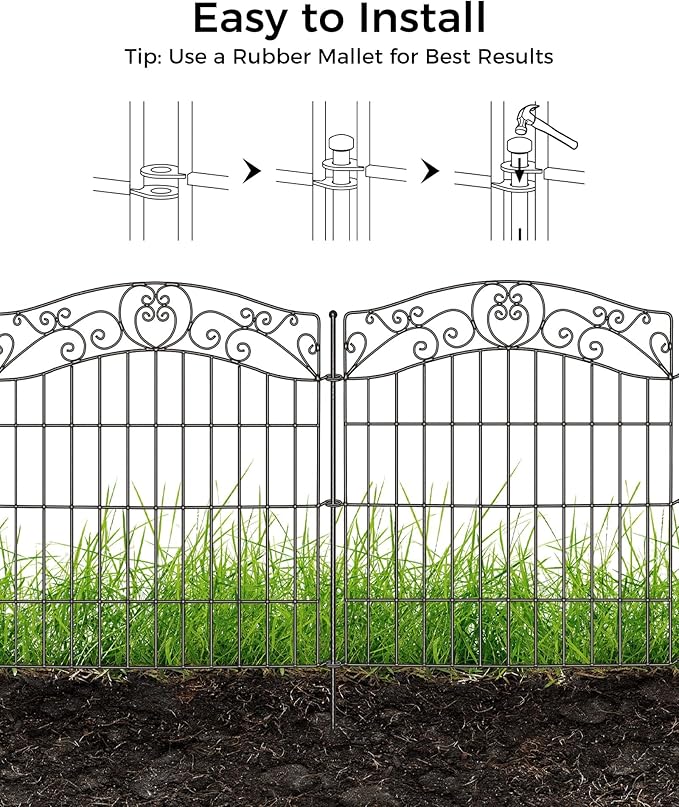 10 Panels No Dig Decorative Outdoor Garden Fence with Gate, 40 in(H) X 23.6 ft(L) Animal Barrier Fencing, Rustproof Portable Fence, Temporary Dog Fence Outdoor for Yard, Outside, Backyard