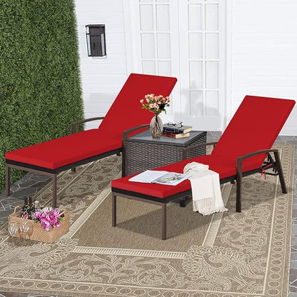 COSTWAY 2PCS Rattan Lounge Chair Outdoor, Patio Wicker Chaise Lounge with 5-Position Adjustable Backrest, Soft Cushion & Arm Rest, Pool Recliner Set of 2 for Poolside, Deck, Backyard (Red)