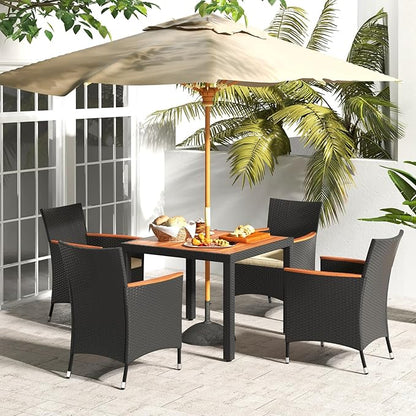 Tangkula 5 Pieces Patio Dining Table Set for 4, Rattan Conversation Set with Umbrella Hole, Seat Cushions & Acacia Wood Tabletop, Outdoor Dining Table with 4 Chairs for Backyard, Poolside & Deck
