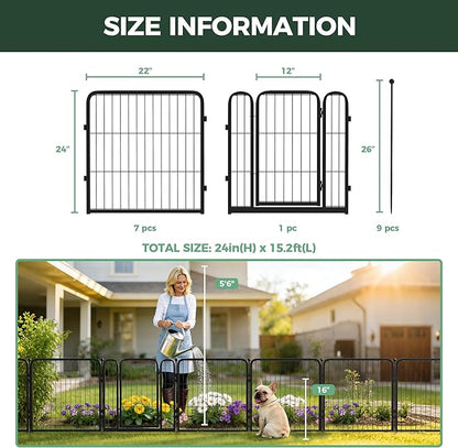 FXW Garden Fence Outdoor for the Yard – 24in(H) x 15.2ft(L) Heavy Duty Metal Animal Barrier for Dog, No Dig Decorative Dog Fence, 8 Panels, Black