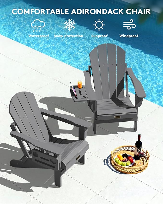 SERWALL Folding Adirondack Chair Set of 2, HIPS Adirondack Chairs with 4 in 1 Multi-Functional Cup Holder, Weather Resistant Plastic Chairs for Patio Garden Outdoors Fire Pit- Gray