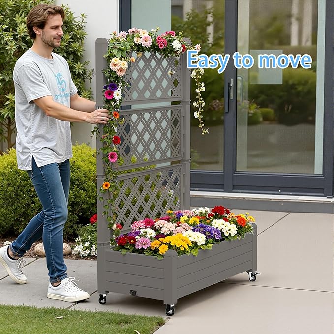 Vixzen 64" Tall Raised Garden Bed,Outdoor Large Resin Planter Box with Trellis and Drain Plug for Climbing Plants,Easy to Assemble,Water Monitor,Mobility(Light Brown, 43.43"×18.27"×64.29")