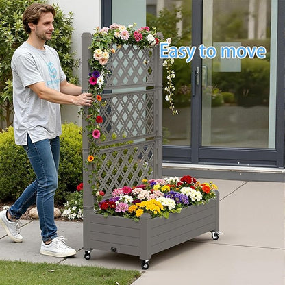Vixzen 64" Tall Raised Garden Bed,Outdoor Large Resin Planter Box with Trellis and Drain Plug for Climbing Plants,Easy to Assemble,Water Monitor,Mobility(Light Brown, 43.43"×18.27"×64.29")
