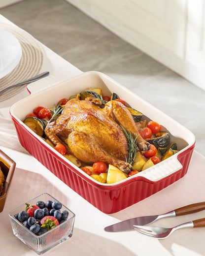 MALACASA 4.4 QT Baking Dish, 9x13 Large Casserole Dish for Oven, Ceramic Baking Pan, Rectangular Lasagna Pan Deep with Handles for Baking, Durable Microwave Oven Safe, Red, Series BAKE-BAKE