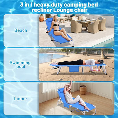 Outdoor Chaise Lounge with Detachable Pillow, Reclining Folding Chair with 5-Position Adjustable Back, Portable Tanning Chair For Beach, Pool, Lawn, Breathable Mesh Seat, No Assembly (Blue 4)