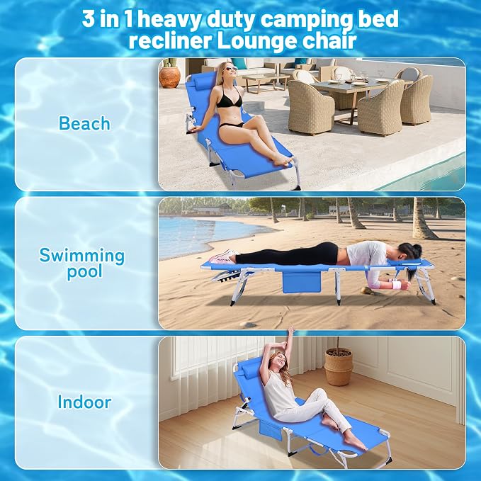 3-in-1 Oversized Sun Tanning Chair with Mat & Face Hole, Heavy Duty Folding Chaise Lounge - 5-Position Adjustable Outdoor Chair for Beach, Pool, Patio, Lawn, Yard - Includes Pillow