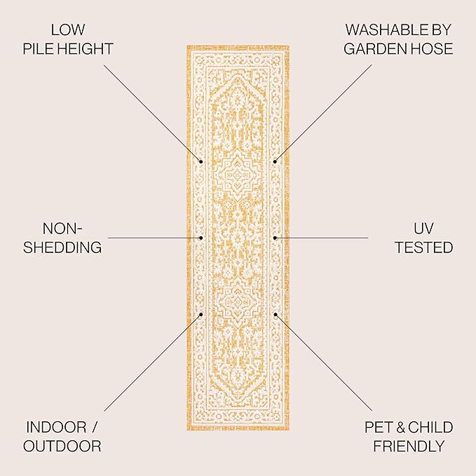 JONATHAN Y Medallion Weave Indoor Outdoor Runner Rug 2X10 Yellow/Cream, Sinjuri Textured for Backyard, Patio, Porch, Easy-Cleaning, High Traffic, Pet-Friendly, Non-Shedding (SMB101I-210)
