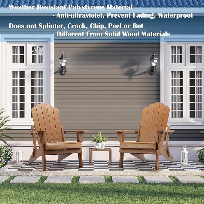 hOmeHua Folding Adirondack Chairs Set of 2, HIPS Foldable Adirondack Chairs Weather Resistant,Plastic Outdoor Chair for Patio, Backyard Deck, Fire Pit Lawn Porch (Wood Color)