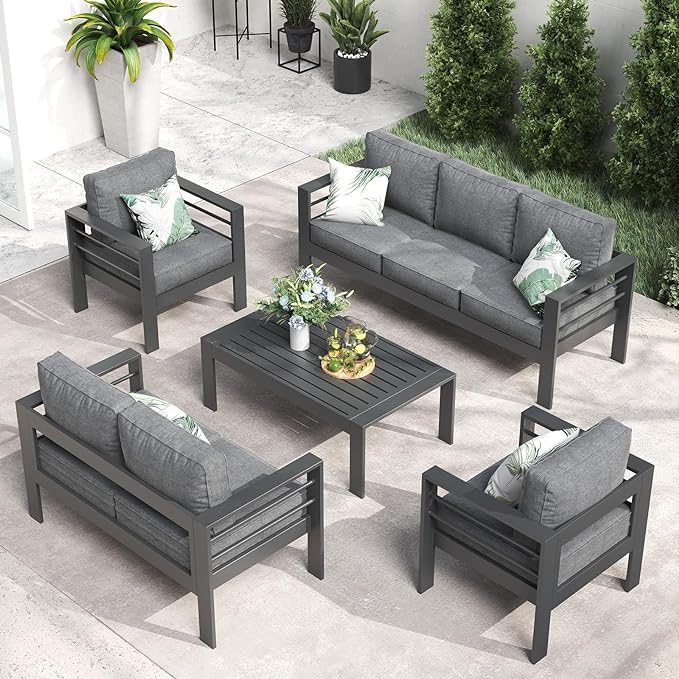 LayinSun Outdoor Aluminum Furniture Set, 5 Pieces Patio Sectional Conversation Chat Sofa Modern Seating Set with Coffee Table