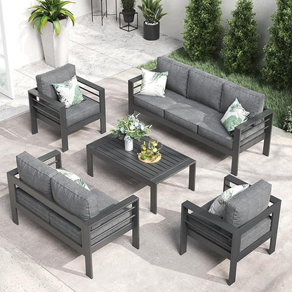 LayinSun Outdoor Aluminum Furniture Set, 5 Pieces Patio Sectional Conversation Chat Sofa Modern Seating Set with Coffee Table