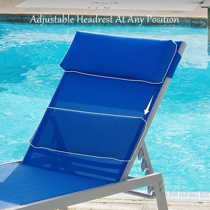 Domi Patio 3 Pieces Textilene Chaise Lounge Set with Side Table Outdoor,Adjustable Back&Pillow for Yard,Garden,Sunbathing,for All Seasons,Blue