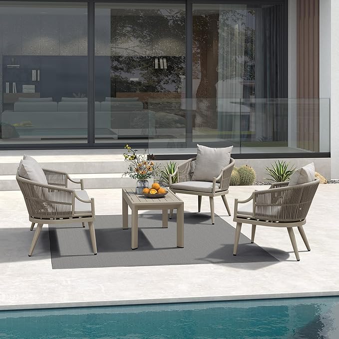PURPLE LEAF 4-Pieces Wicker Patio Conversation Set Outdoor Rattan Sofa Patio Furniture Set with High-Density Cushion and Aluminum Coffee Table for Backyard Porch Poolside, Champagne