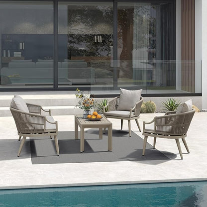 PURPLE LEAF 4-Pieces Wicker Patio Conversation Set Outdoor Rattan Sofa Patio Furniture Set with High-Density Cushion and Aluminum Coffee Table for Backyard Porch Poolside, Champagne