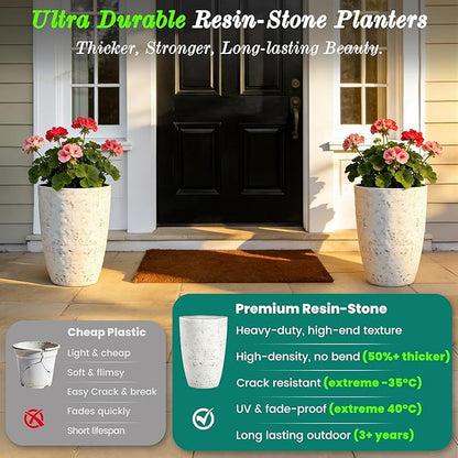 19.5"H Resin Tall Planters for Outdoor Indoor Use, 2-Pack Large Flower Pots, Weather-Resistant Plant Container for Garden Yard Porch or Home Décor, Handcrafted Birch Bark Texture, Country White