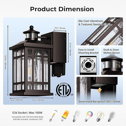 Outside Wall Lighting for House with GFCI Outlet, Oil-Rubbed Bronze Motion Sensor Outdoor Lights with Bubble Glass, Outdoor Sconce Light Wall Lantern, Exterior Garage Lights for Coach, Doorway