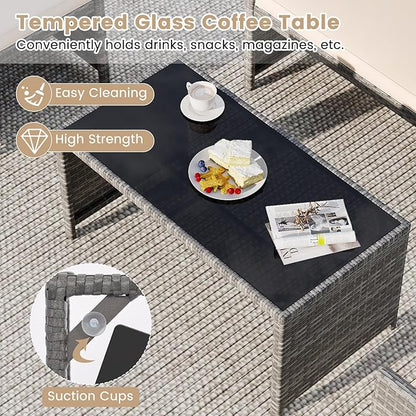 Tangkula 8 Piece Patio Wicker Furniture Set, Outdoor Heavy Duty Rattan Cushioned Chairs, Loveseat and Tempered Glass Coffee Table, for Backyard, Balcony, Poolside