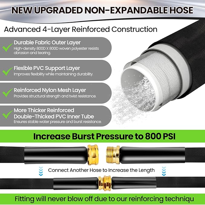 25FT Non-Expandable Garden Hose Lightweight Flexible Water Hose With Sprayer Nozzle High Pressure Kink Resistant & Leakproof Durable Portable For Yard Garden Lawn