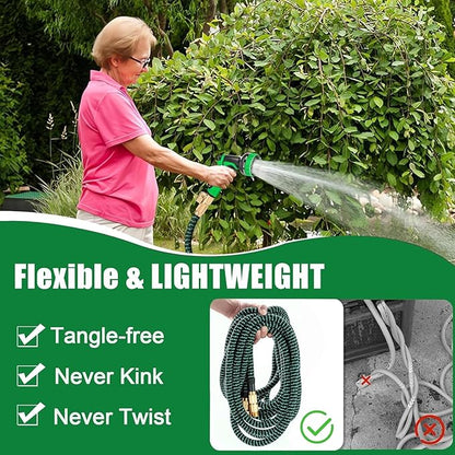 50 ft Expandable Garden Hose - Kink Free Flexible Water Hose with Thumb-Controlled 10-Function Nozzle, 3/4 Solid Connectors, Durable 3750D Fabric, 4-Layer Latex Core