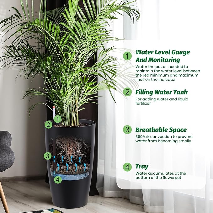 22" Tall Planter Set of 2, Self-Watering Pots, Large Plastic Flower Pots with Drainage & Water Level Monitor, Indoor Outdoor Use for Patio, Porch, Living Room, Office, White & Black