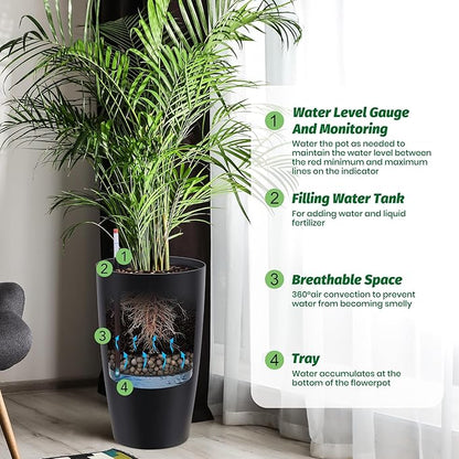 22" Tall Planter Set of 2, Self-Watering Pots, Large Plastic Flower Pots with Drainage & Water Level Monitor, Indoor Outdoor Use for Patio, Porch, Living Room, Office, White & Black