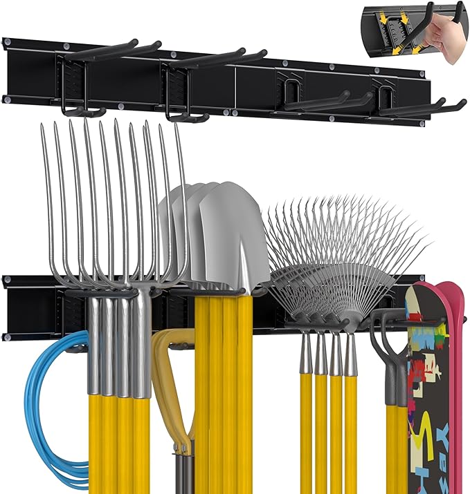 Garage Tool Organizer Wall Mount with 32 inches Rails and Adjustable Heavy-Duty Hooks, Garden Tool Organizer, Carries 300 lbs, Heavy Duty Garage Storage Rack For Yard, Shed, Workshop, Easy to Install